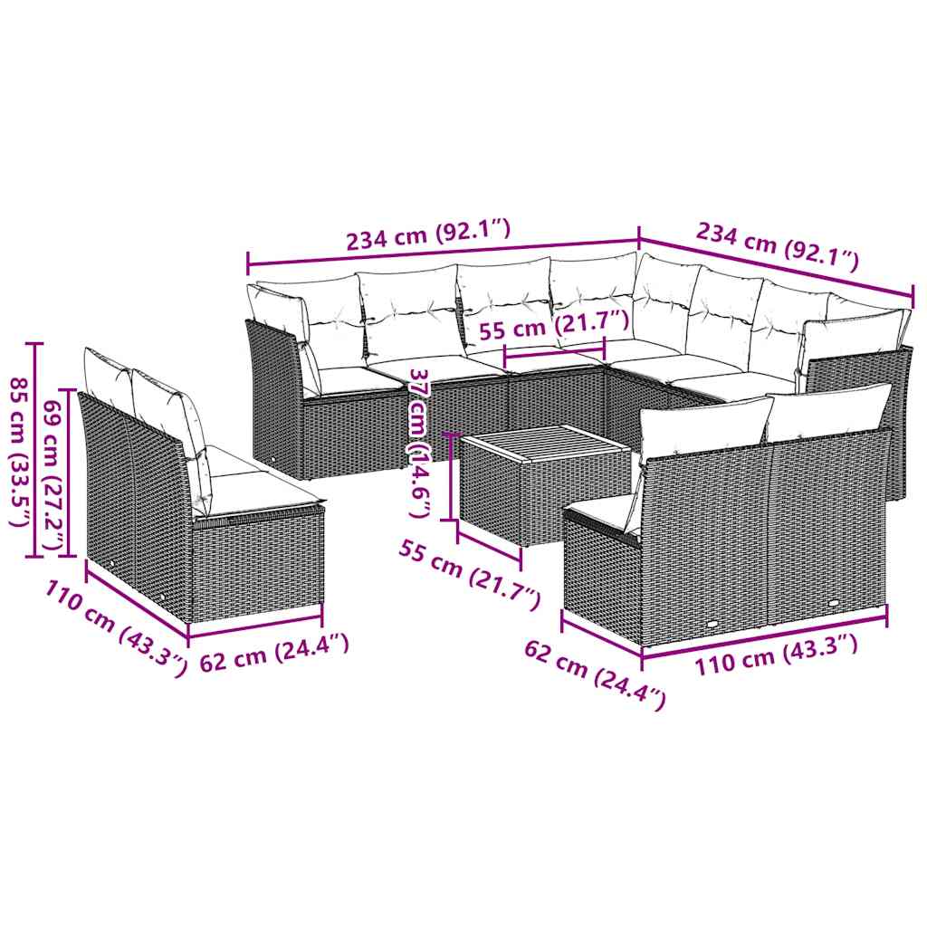 12-Delige Loungeset Met Kussens Poly Rattan