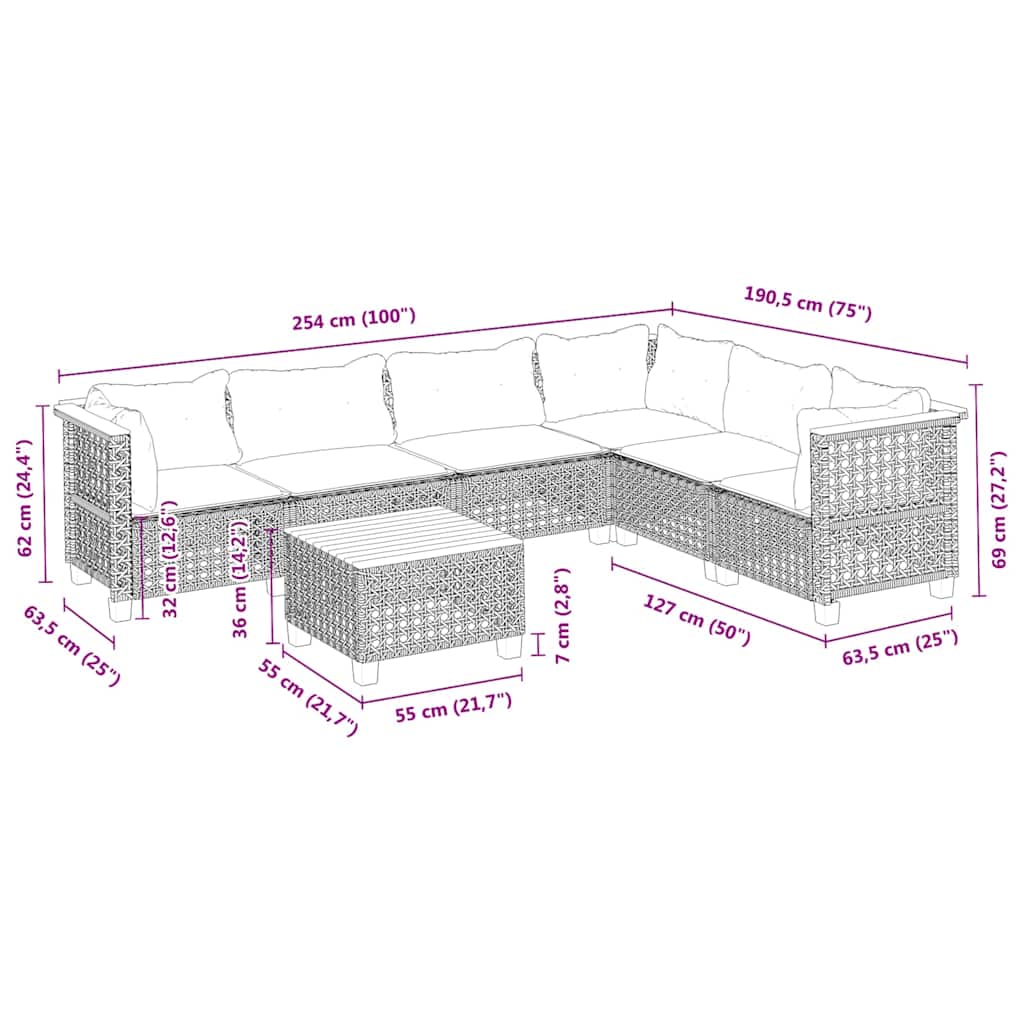 7-Delige Loungeset Met Kussens Poly Rattan Beige