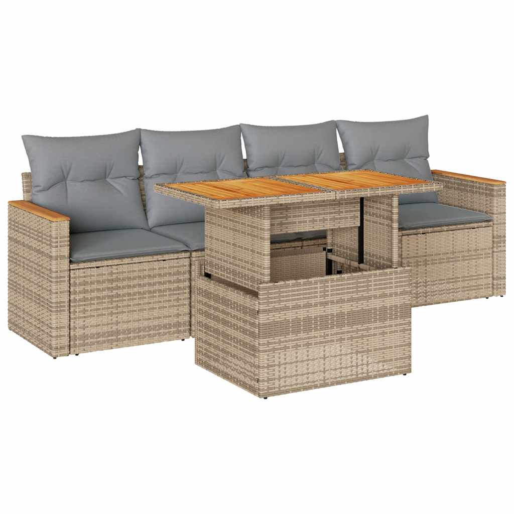 5-Delige Loungeset Met Kussens Poly Rattan En Acaciahout