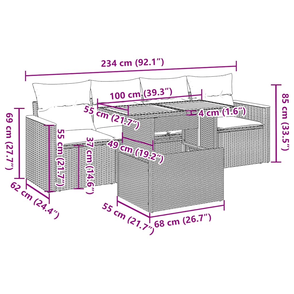 5-Delige Loungeset Met Kussens Poly Rattan En Acaciahout