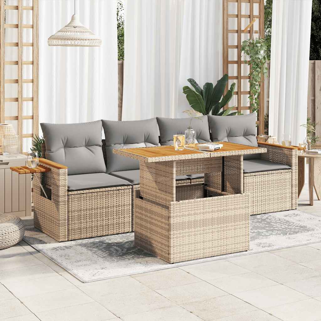 5-Delige Loungeset Met Kussens Poly Rattan Acacia
