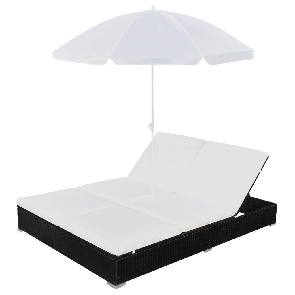 Loungebed Met Parasol Poly Rattan