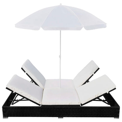 Loungebed Met Parasol Poly Rattan