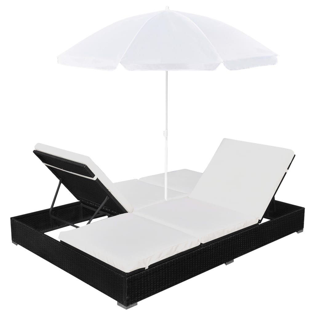 Loungebed Met Parasol Poly Rattan