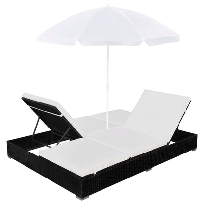 Loungebed Met Parasol Poly Rattan