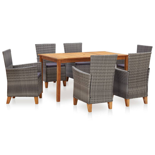 7-Delige Eethoek Poly Rattan En Massief Acaciahout Grijs