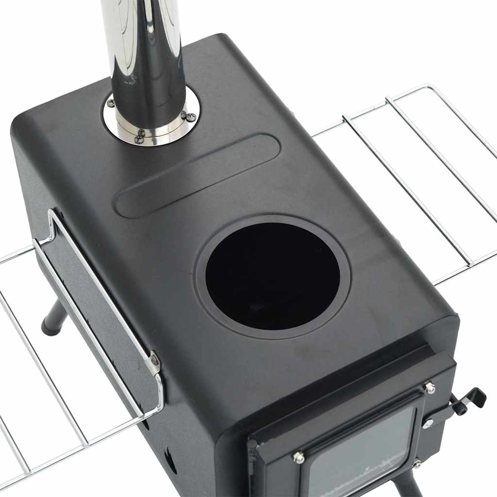 Houtkachel Tent Met Schoorsteen En Inklapbare Poten Staal Zwart Mangohout (Naturel)