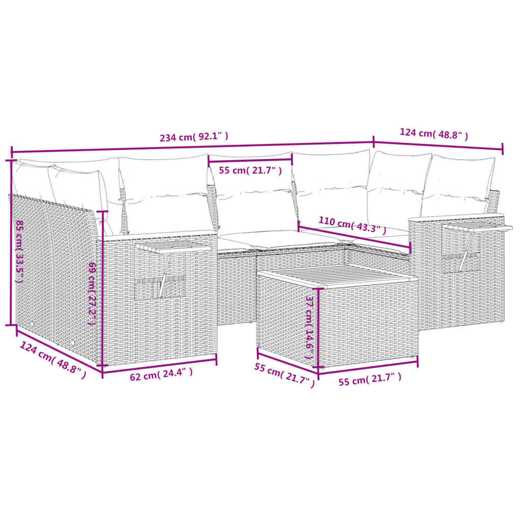 7-Delige Loungeset Met Kussens Poly Rattan
