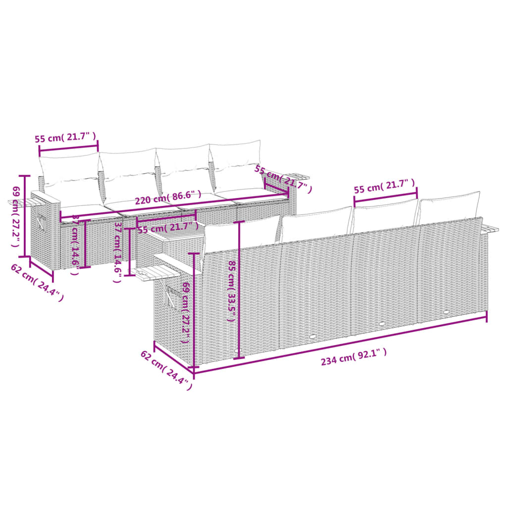 9-Delige Loungeset Met Kussens Poly Rattan