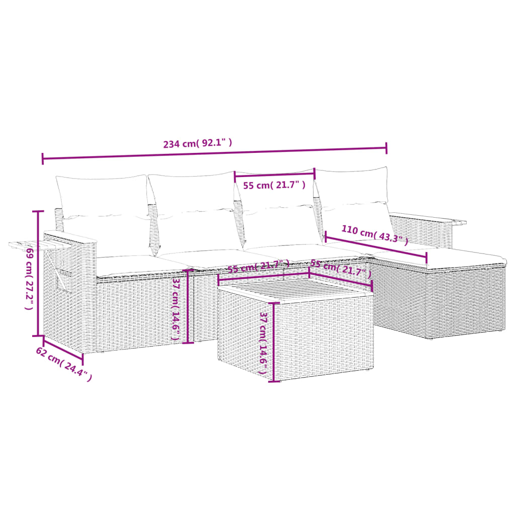 6-Delige Loungeset Met Kussens Poly Rattan