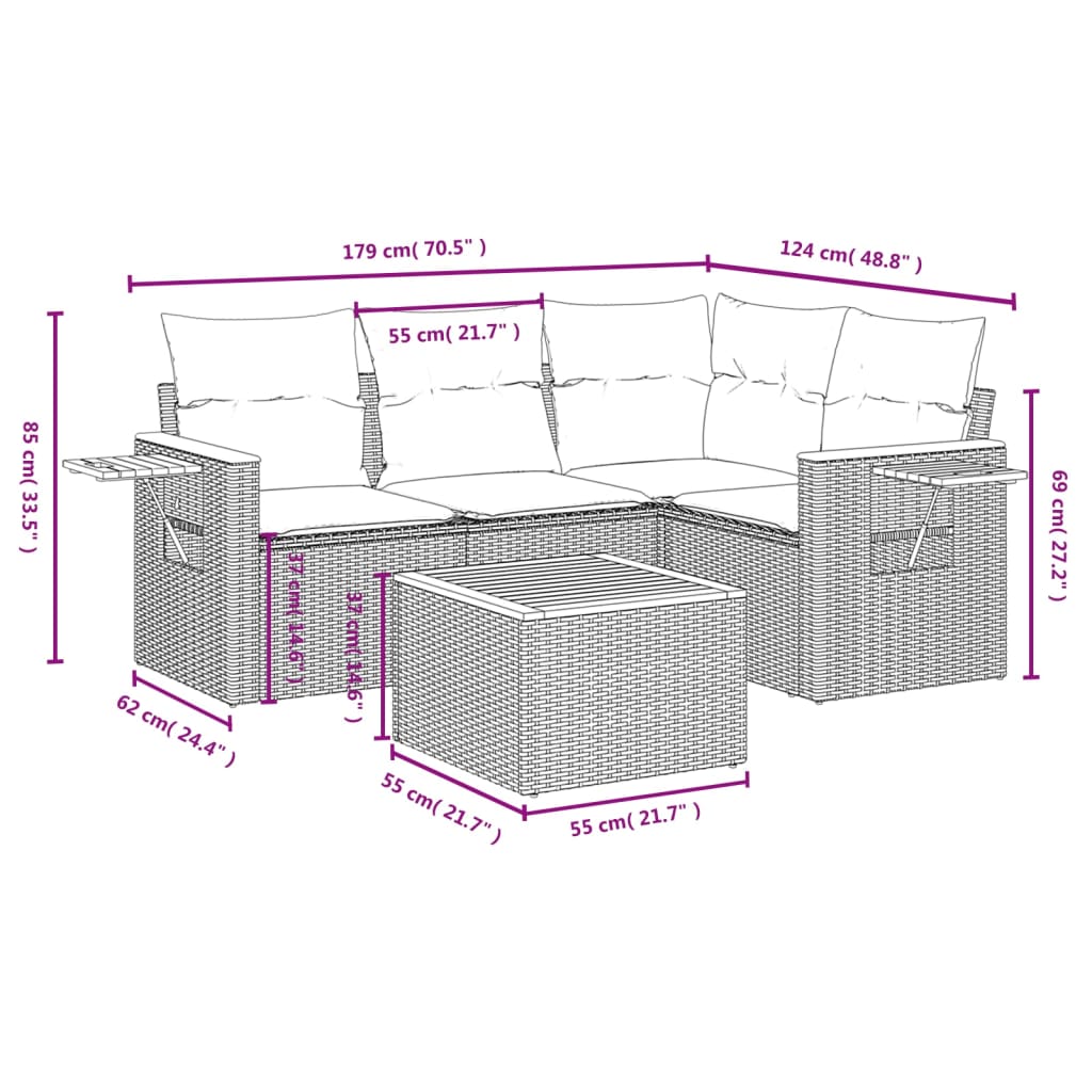5-Delige Loungeset Met Kussens Poly Rattan