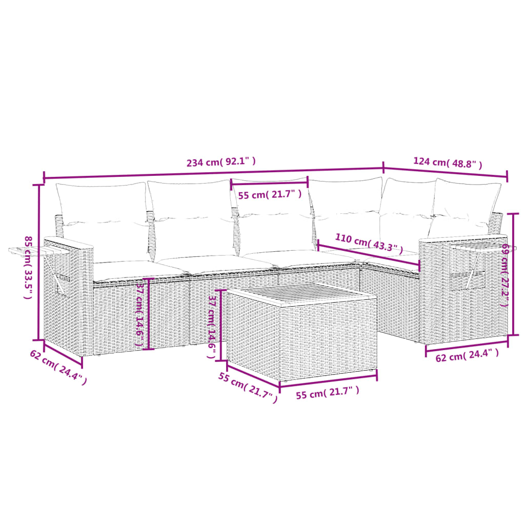 6-Delige Loungeset Met Kussens Poly Rattan