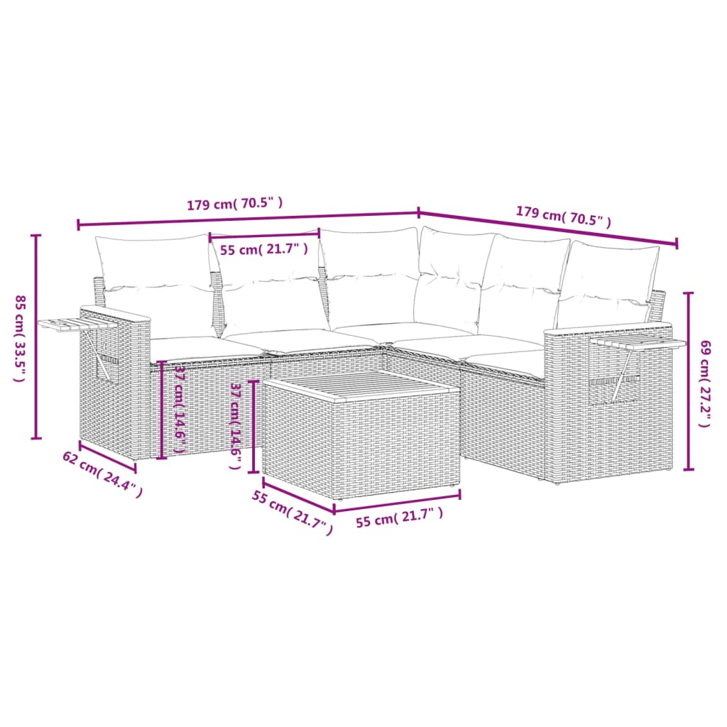 6-Delige Loungeset Met Kussens Poly Rattan