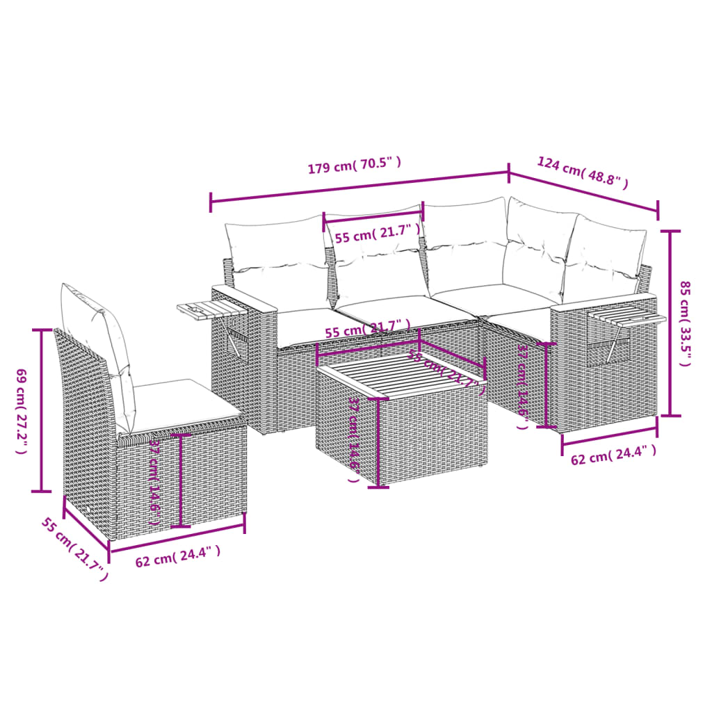 6-Delige Loungeset Met Kussens Poly Rattan