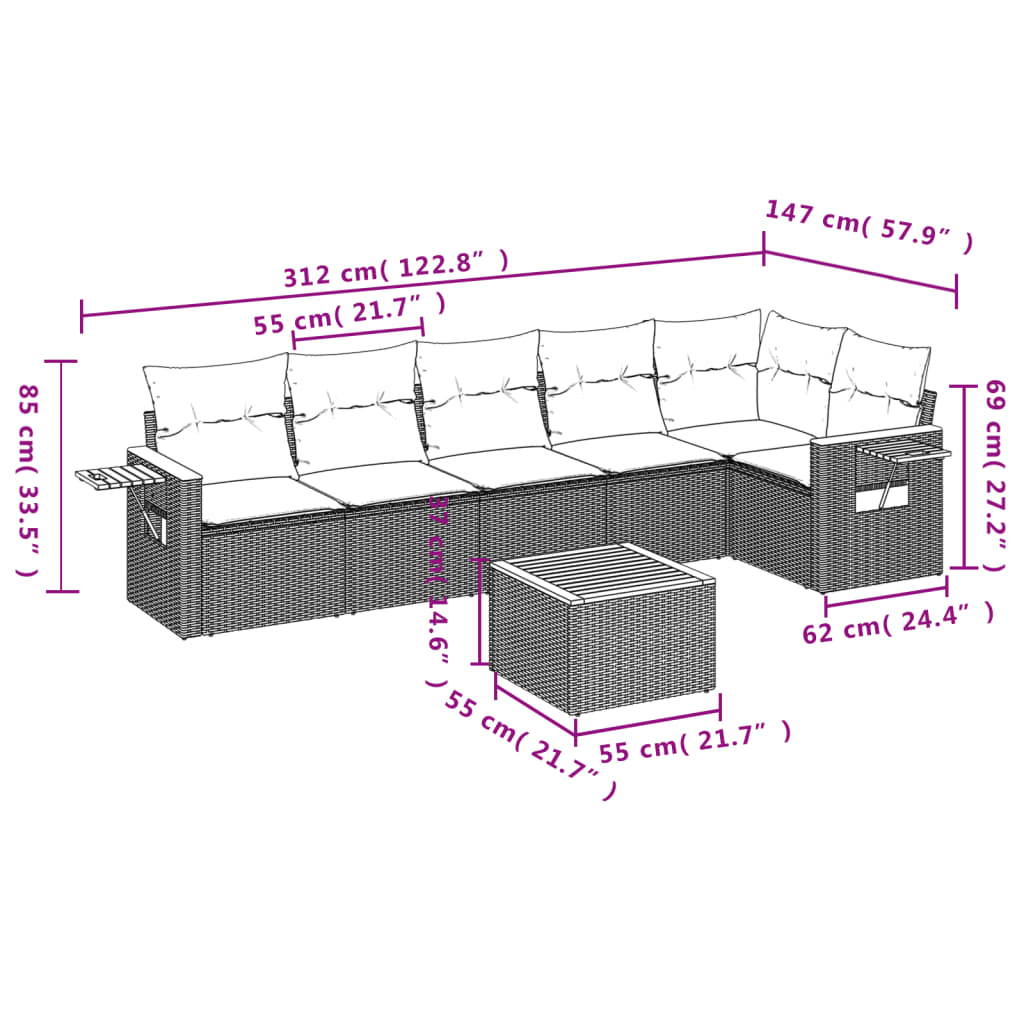 7-Delige Loungeset Met Kussens Poly Rattan