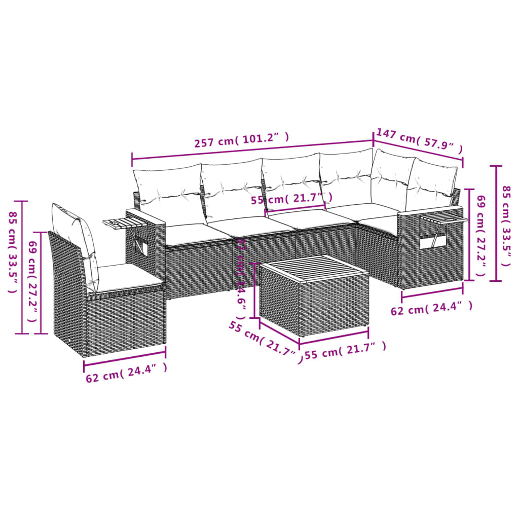 7-Delige Loungeset Met Kussens Poly Rattan