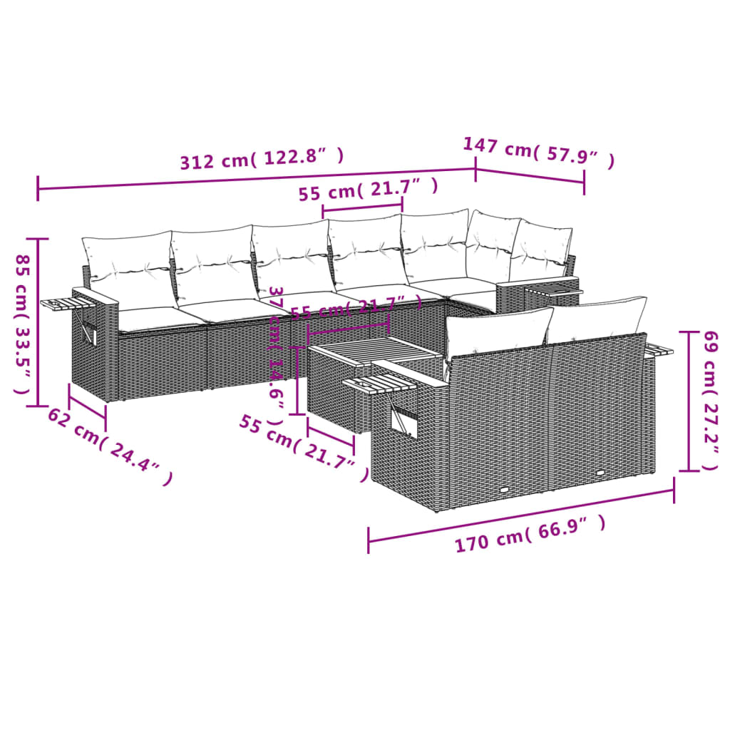 9-Delige Loungeset Met Kussens Poly Rattan