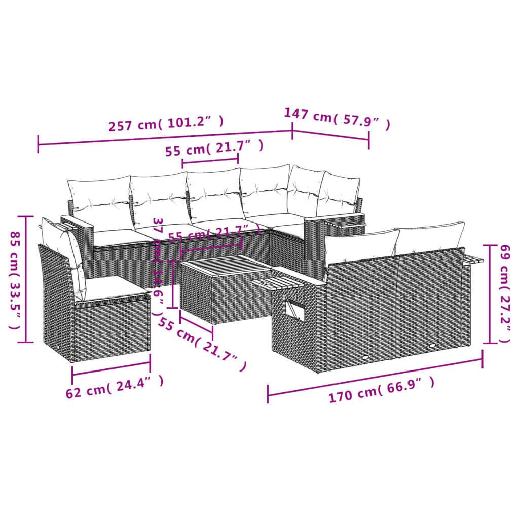 9-Delige Loungeset Met Kussens Poly Rattan