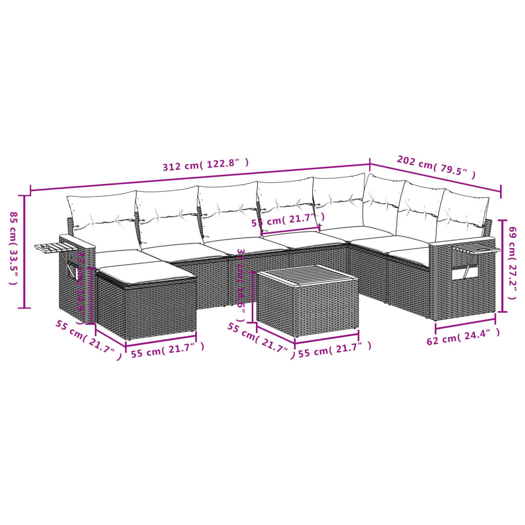9-Delige Loungeset Met Kussens Poly Rattan