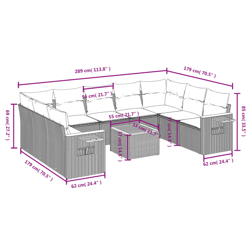10-Delige Loungeset Met Kussens Poly Rattan