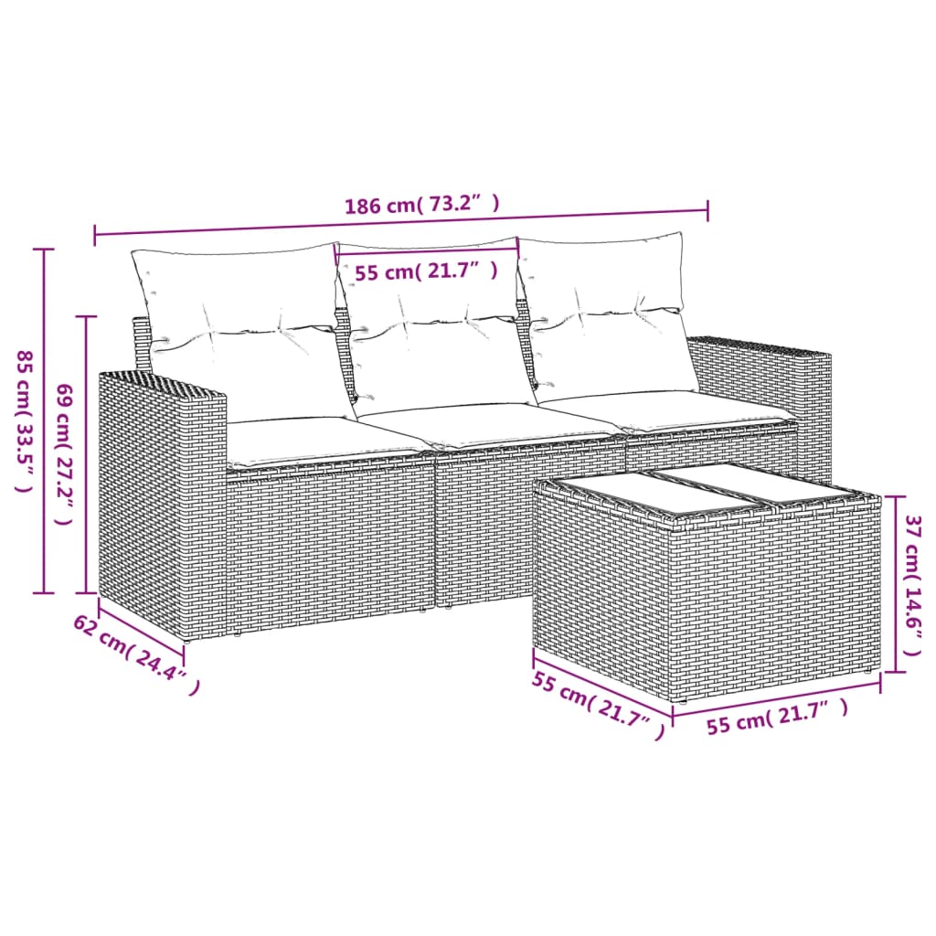 4-Delige Loungeset Met Kussens Poly Rattan