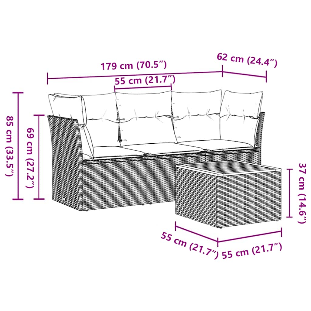 4-Delige Loungeset Met Kussens Poly Rattan