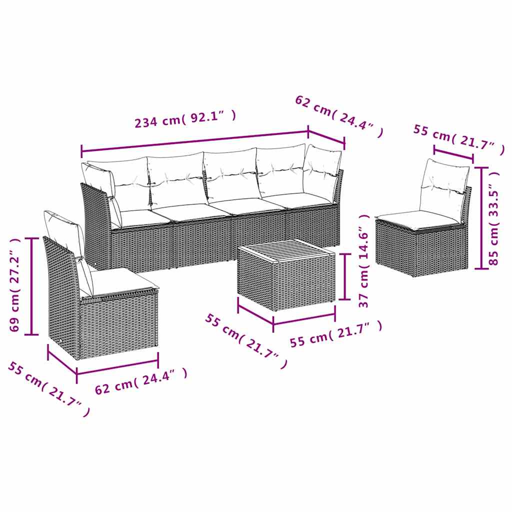 7-Delige Loungeset Met Kussens Poly Rattan