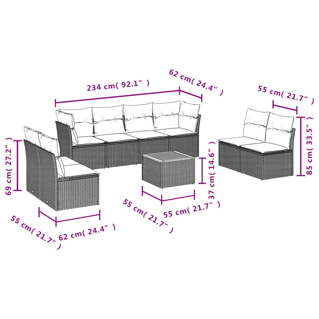 9-Delige Loungeset Met Kussens Poly Rattan