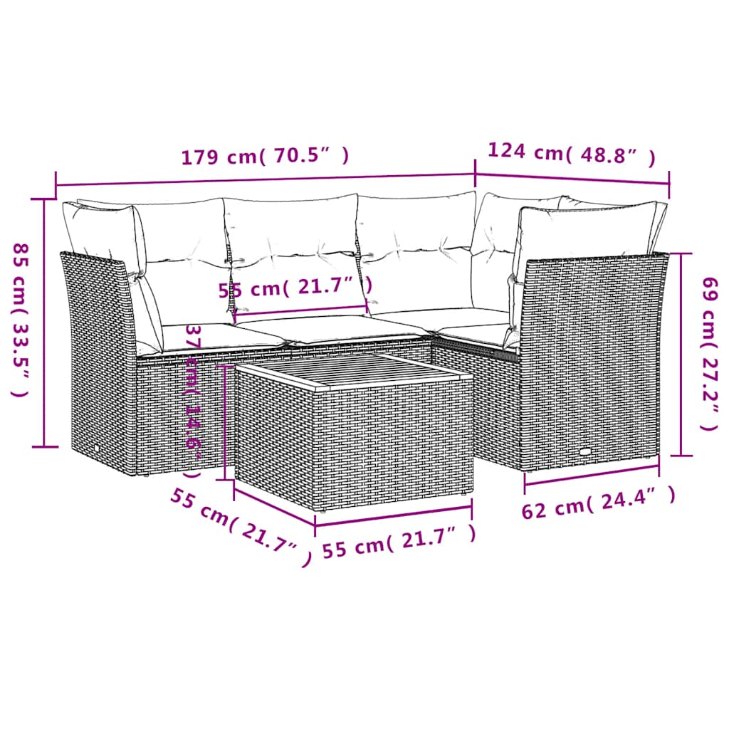 5-Delige Loungeset Met Kussens Poly Rattan