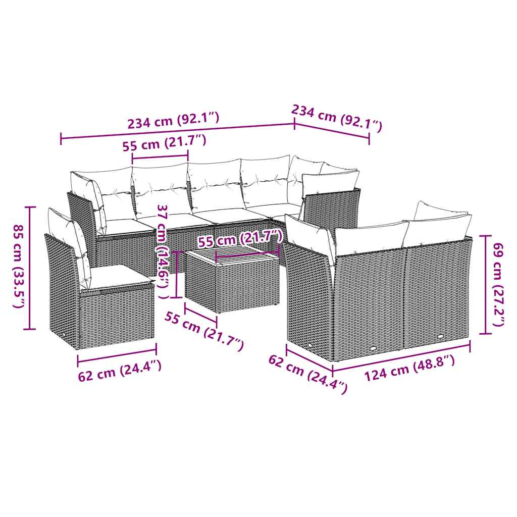 9-Delige Loungeset Met Kussens Poly Rattan