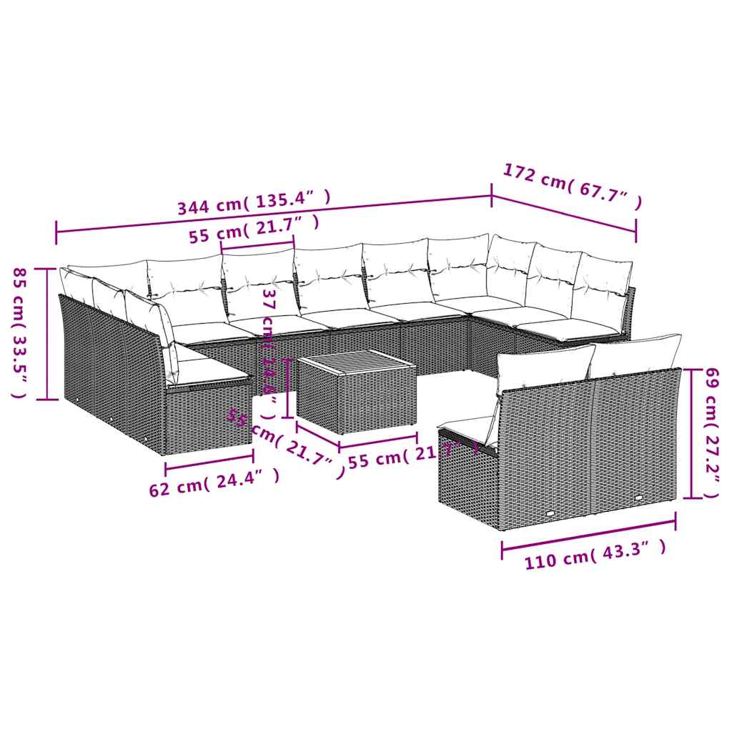13-Delige Loungeset Met Kussens Poly Rattan
