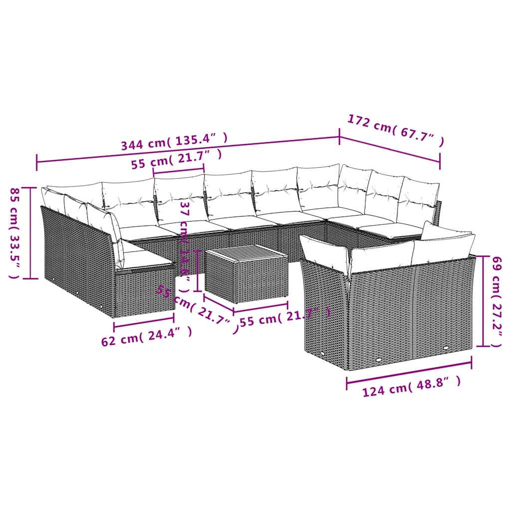 13-Delige Loungeset Met Kussens Poly Rattan