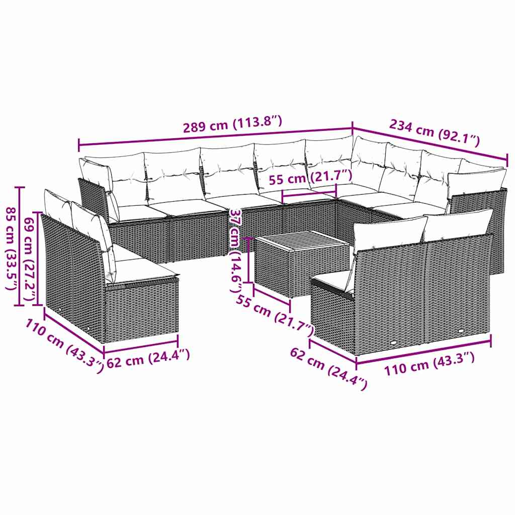13-Delige Loungeset Met Kussens Poly Rattan