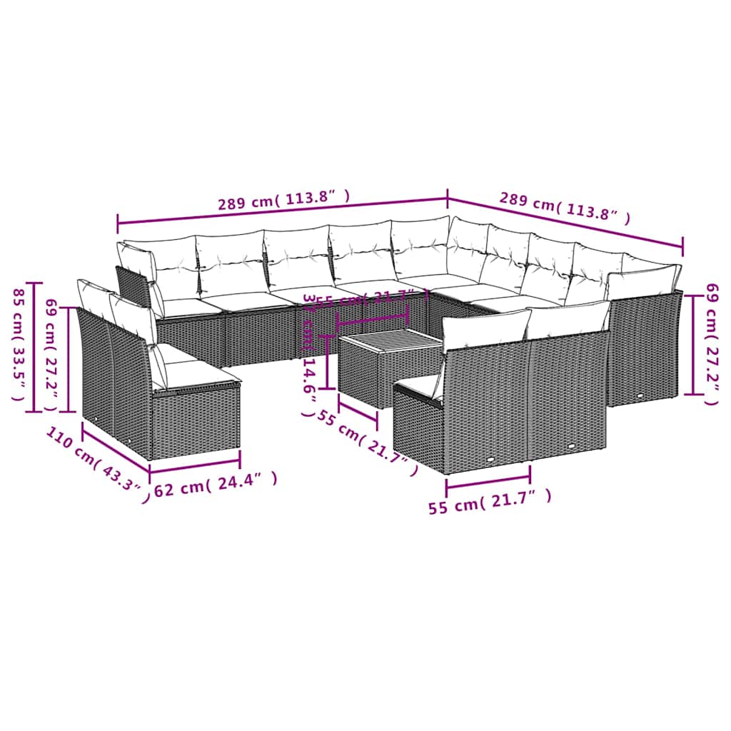14-Delige Loungeset Met Kussens Poly Rattan