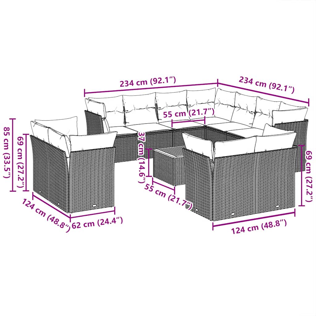 12-Delige Loungeset Met Kussens Poly Rattan