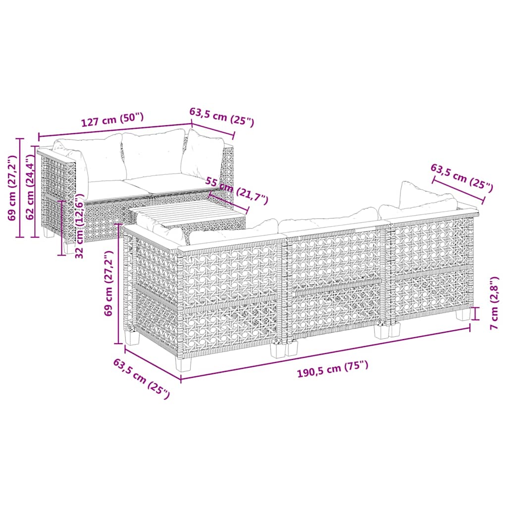 6-Delige Loungeset Met Kussens Poly Rattan