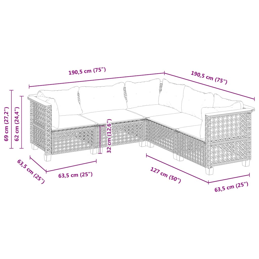 5-Delige Loungeset Met Kussens Poly Rattan Beige