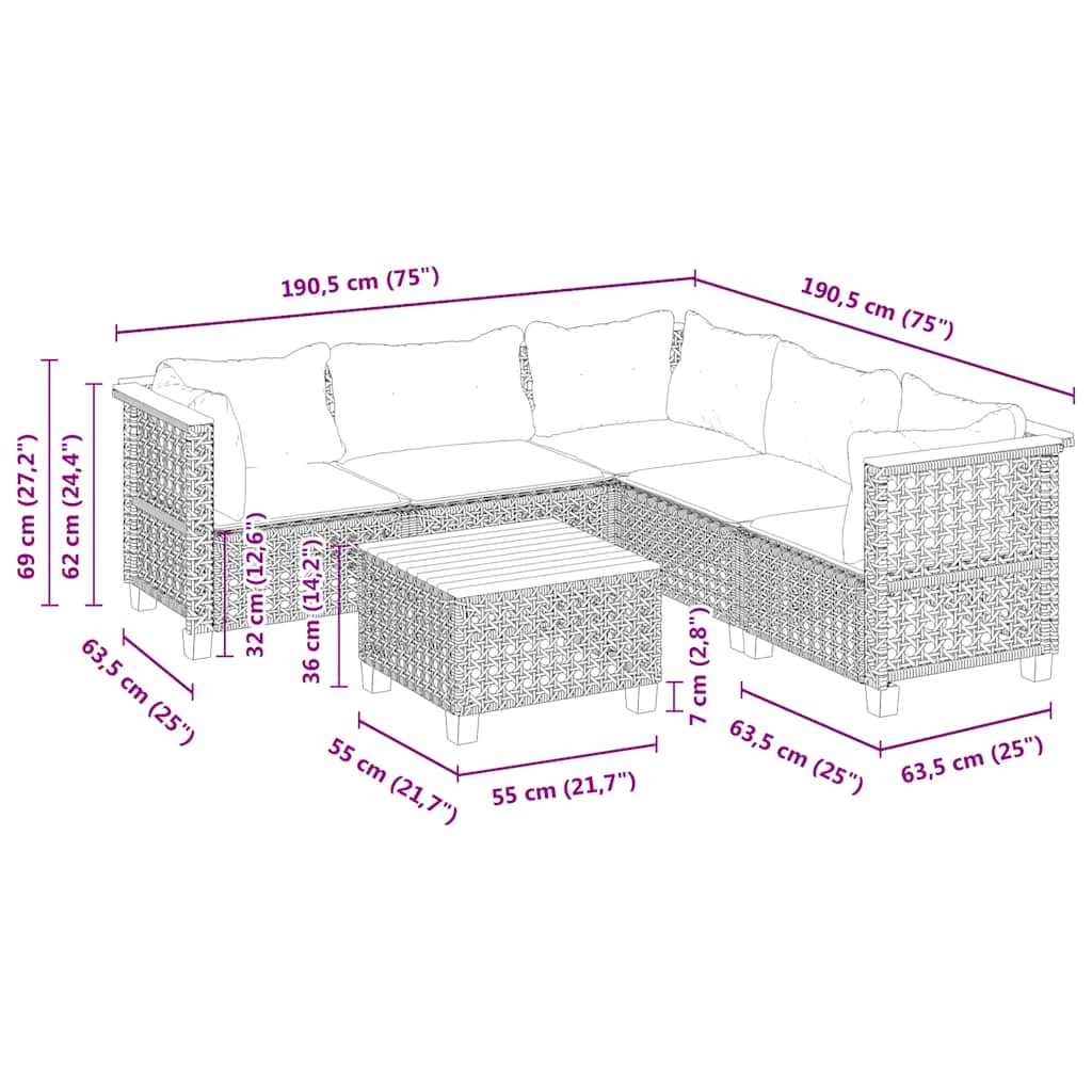 6-Delige Loungeset Met Kussens Poly Rattan Beige