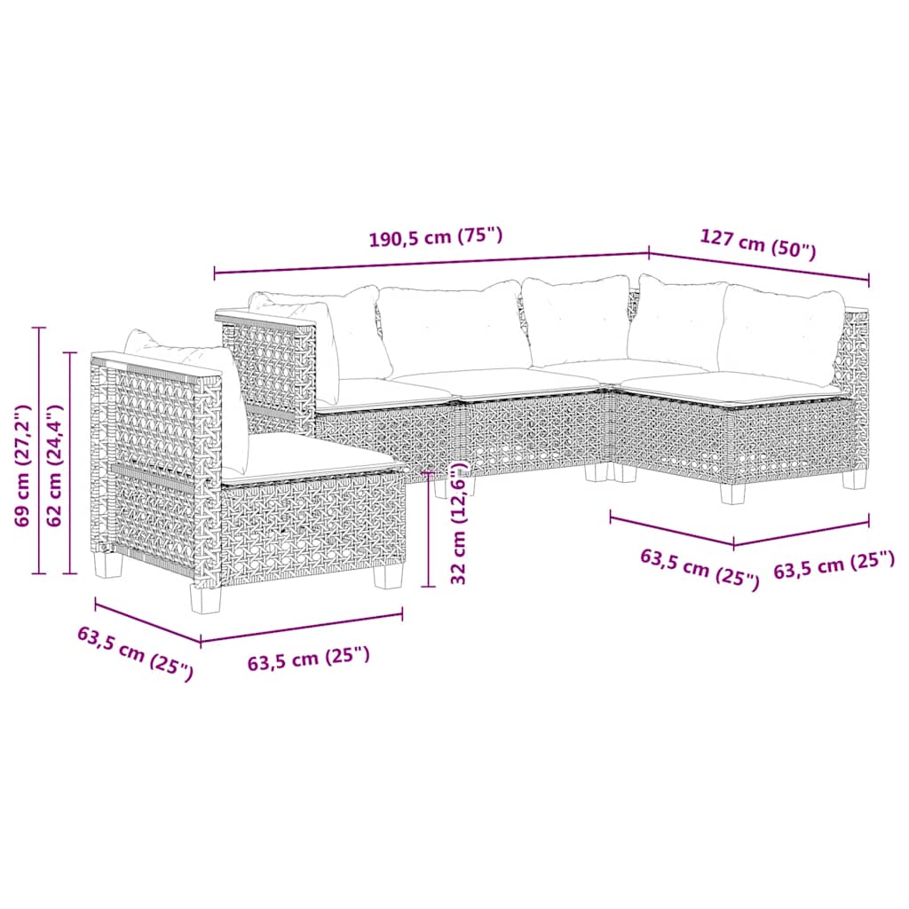 5-Delige Loungeset Met Kussens Poly Rattan Beige