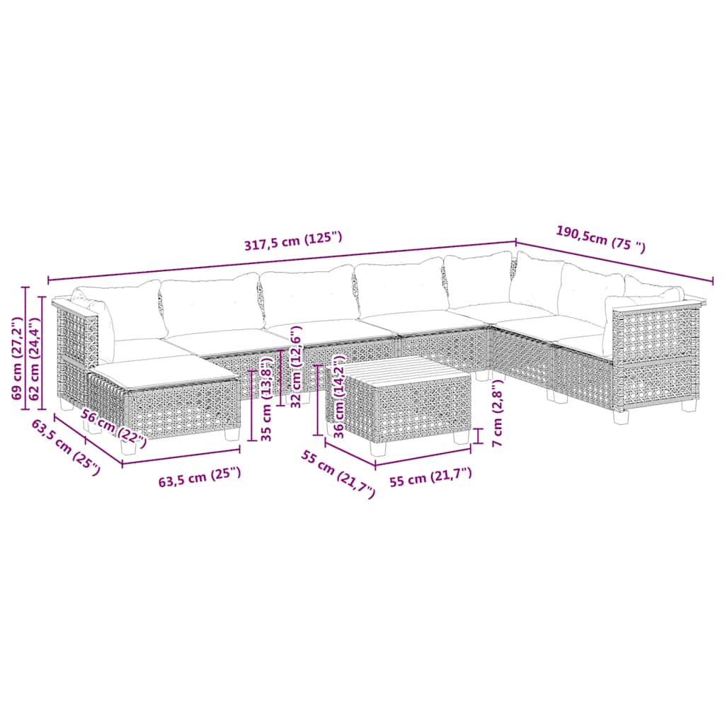 9-Delige Loungeset Met Kussens Poly Rattan Beige