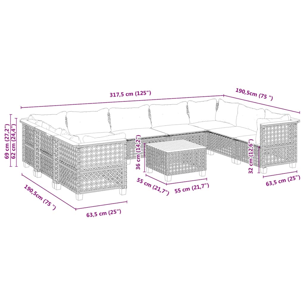 10-Delige Loungeset Met Kussens Poly Rattan Beige