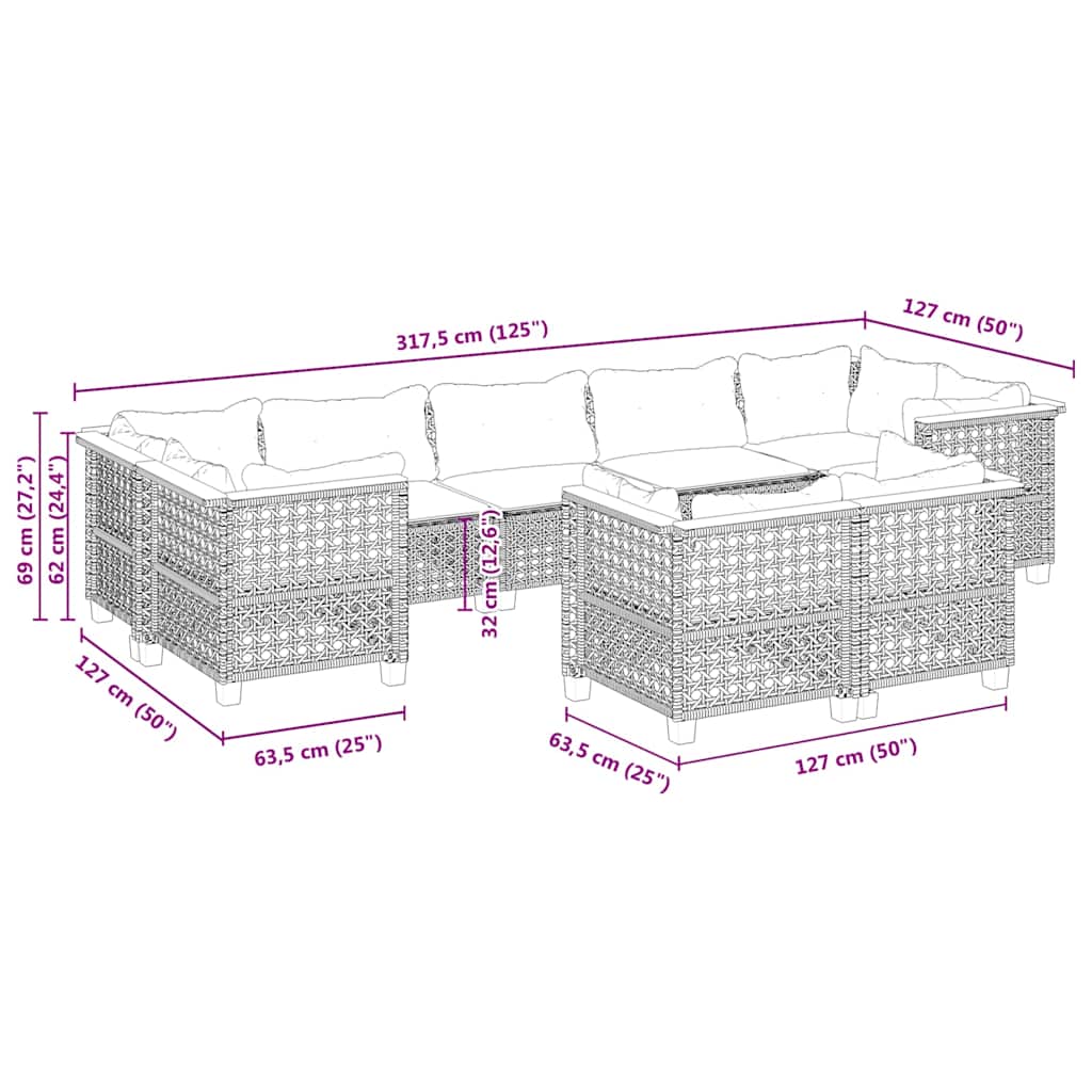 9-Delige Loungeset Met Kussens Poly Rattan Beige