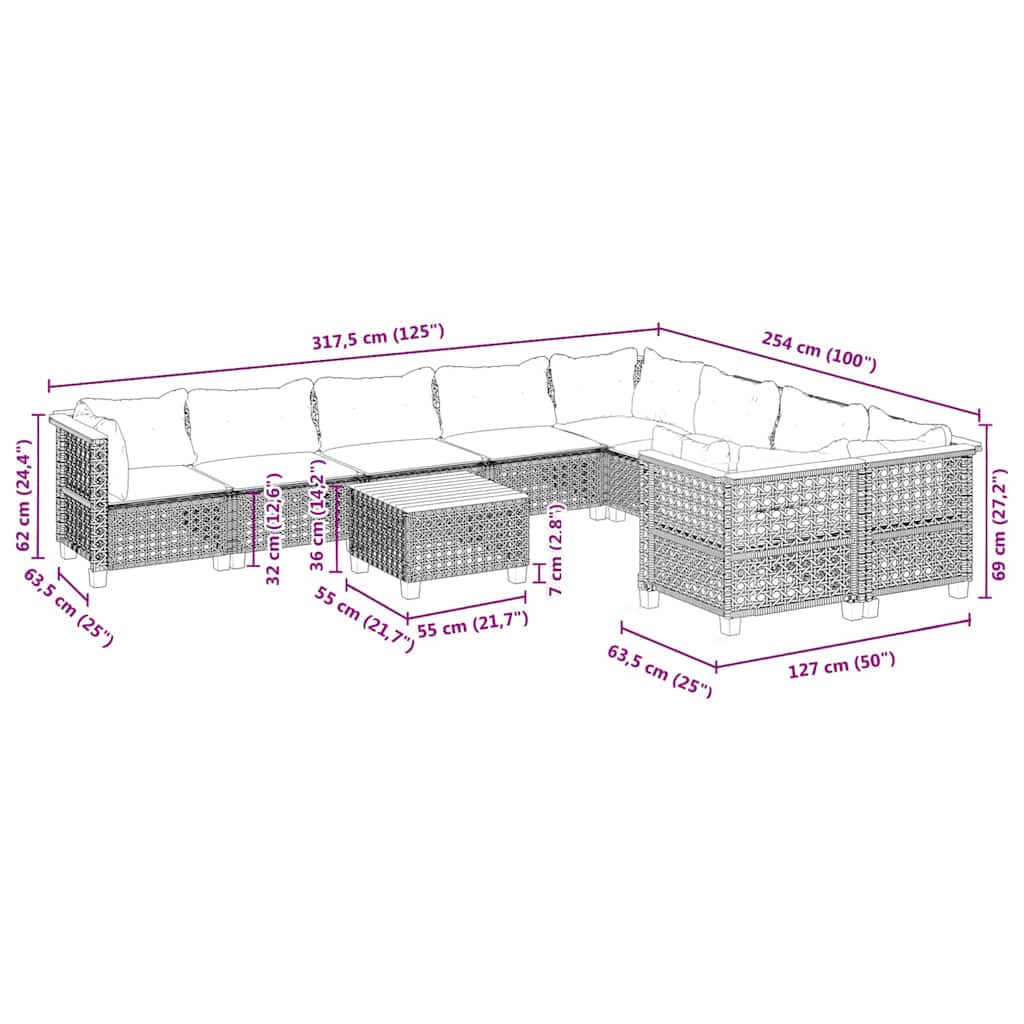 10-Delige Loungeset Met Kussens Poly Rattan Beige