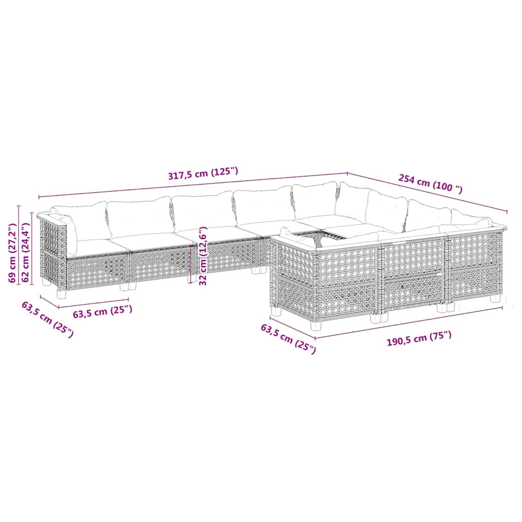 10-Delige Loungeset Met Kussens Poly Rattan Beige