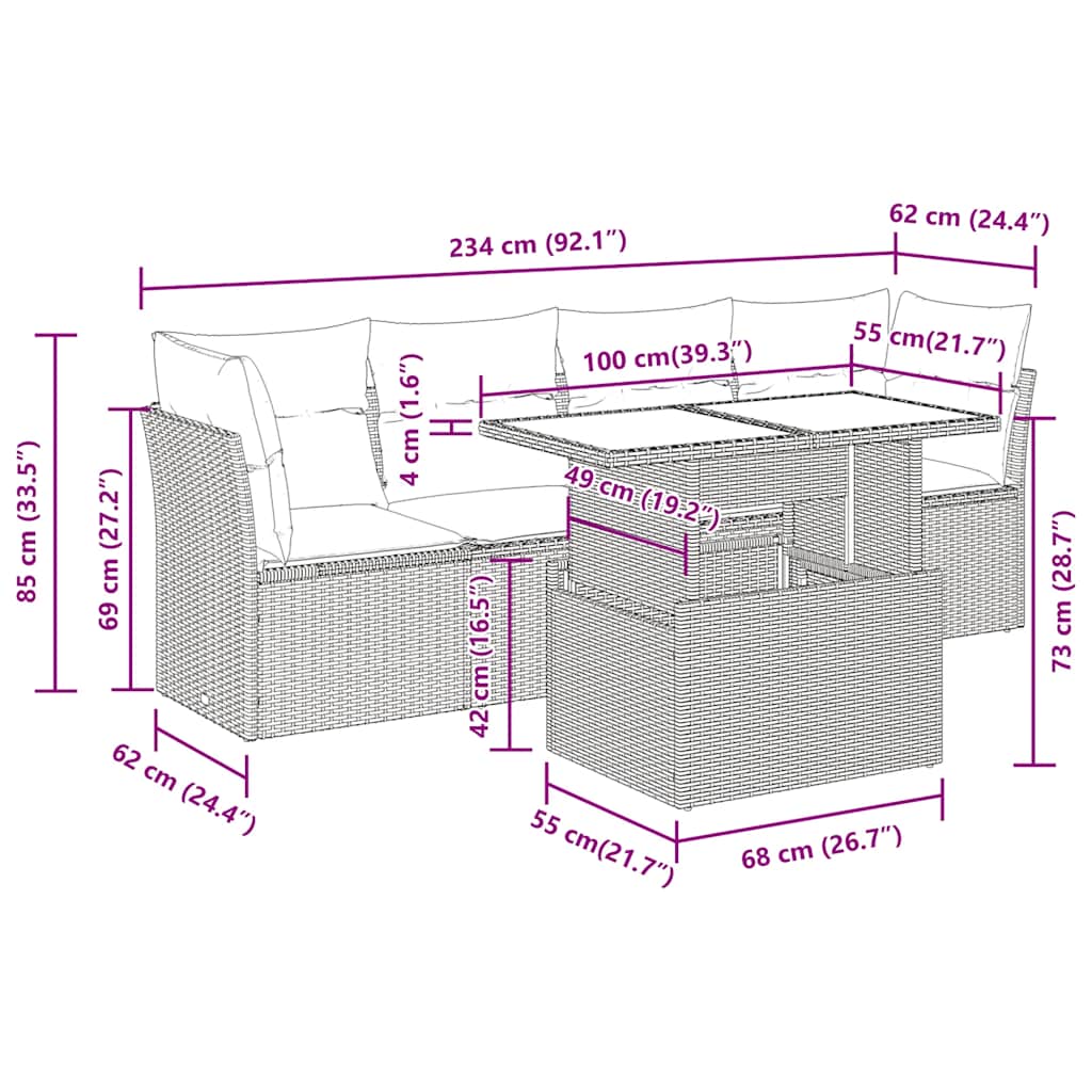 5-Delige Loungeset Met Kussens Poly Rattan Acacia