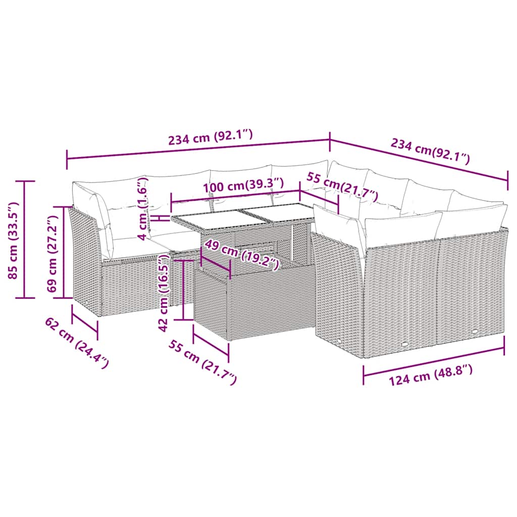 9-Delige Loungeset Met Kussens Poly Rattan Acacia
