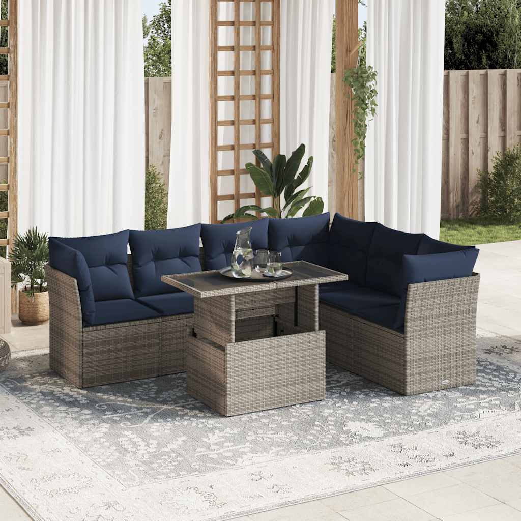 7-Delige Loungeset Met Kussens Poly Rattan Acacia Grijs