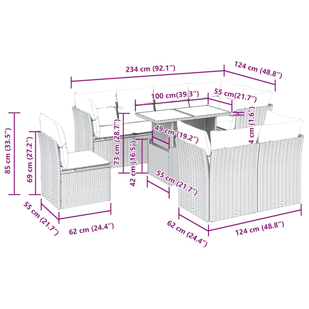 9-Delige Loungeset Met Kussens Poly Rattan Acacia