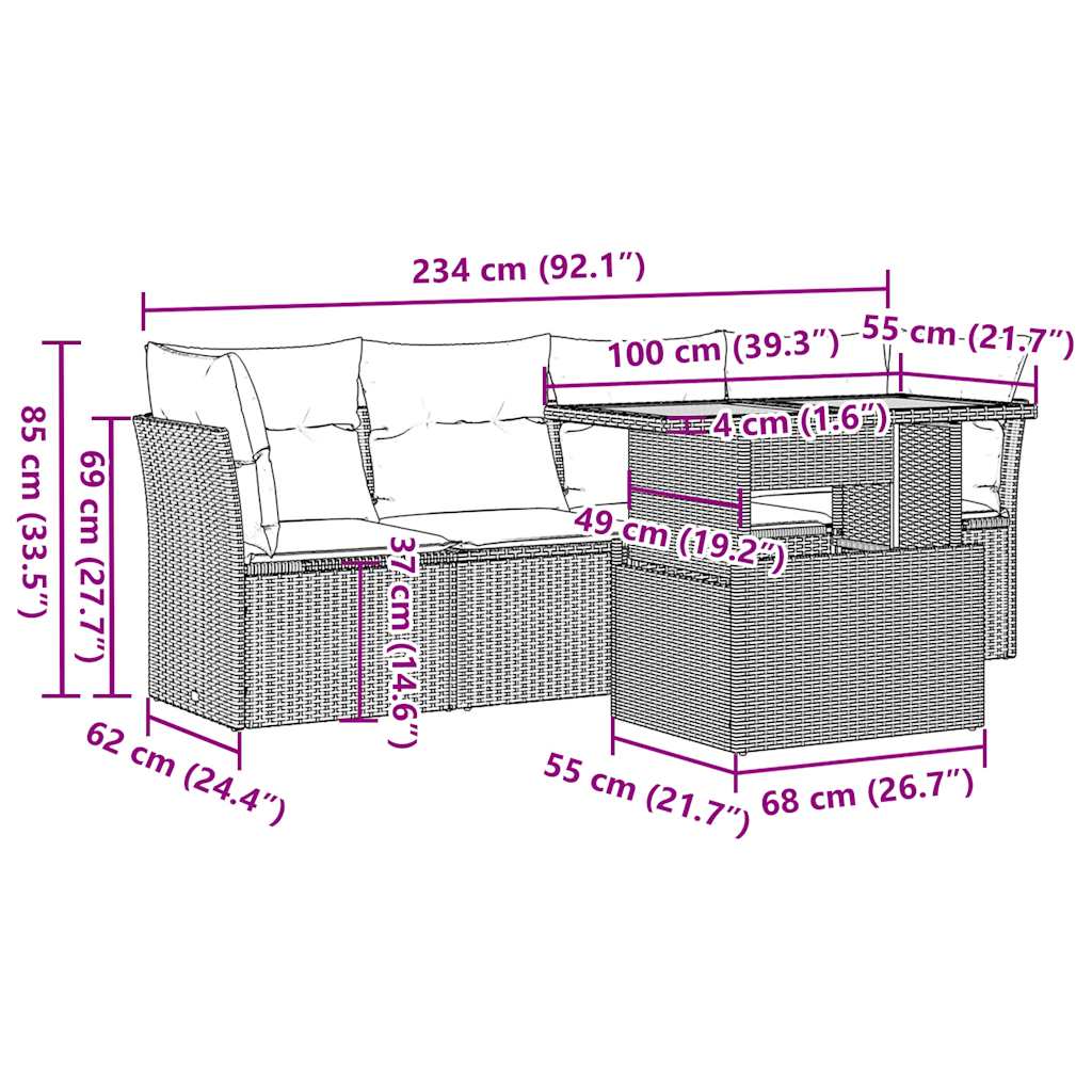 5-Delige Loungeset Met Kussens Poly Rattan