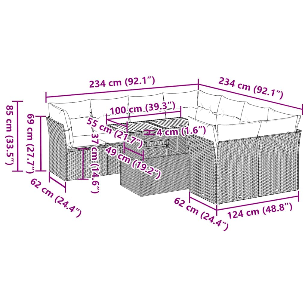 9-Delige Loungeset Met Kussens Poly Rattan
